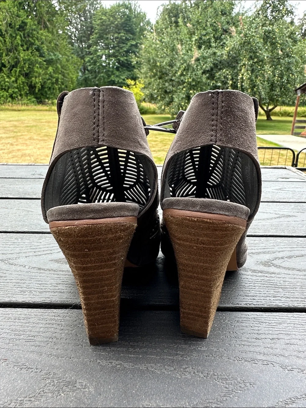 Vince Camuto Taupe Laser-Cut Open-Toe Block Heel Booties